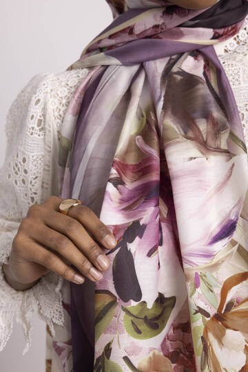Çiçek Hattı Koleksiyonu - Erguvan Kavis Tek Taraf Şal - 5
