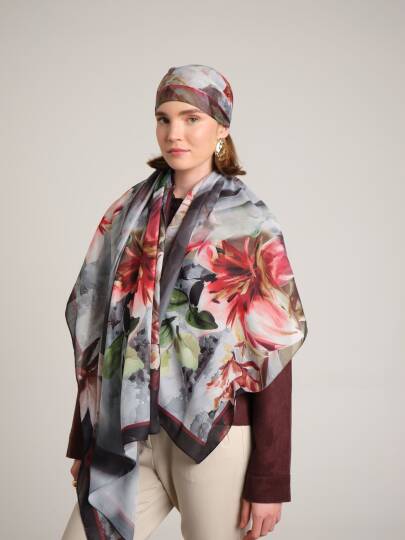 Çiçek Hattı Koleksiyonu - Kül Kıvılcım Tek Taraf Şal