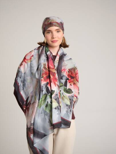 Çiçek Hattı Koleksiyonu - Kül Kıvılcım Tek Taraf Şal - 3
