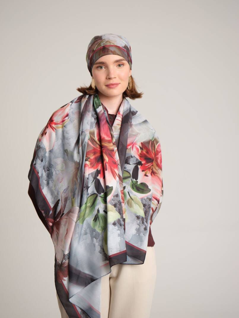 Çiçek Hattı Koleksiyonu - Kül Kıvılcım Tek Taraf Şal - 3