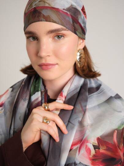 Çiçek Hattı Koleksiyonu - Kül Kıvılcım Tek Taraf Şal - 4