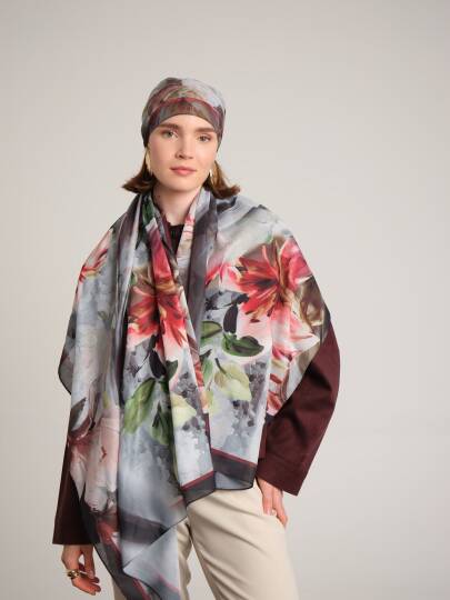 Çiçek Hattı Koleksiyonu - Kül Kıvılcım Tek Taraf Şal - 5