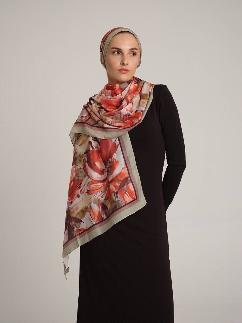 Kökbahar Koleksiyonu - Koral Günbatımı Tek Taraf Şal - 1