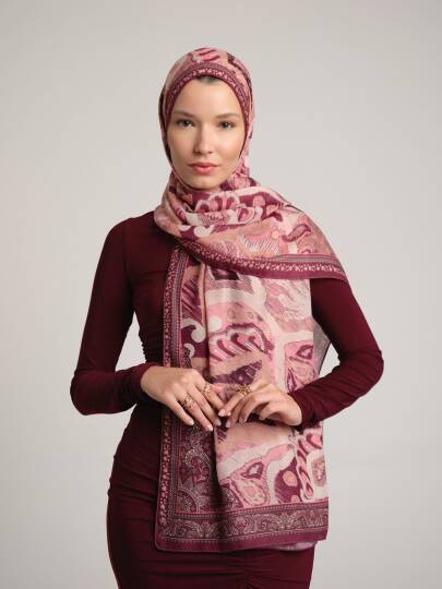Sırlı Motifler Koleksiyonu - Erguvan Tek Taraf Şal - 2